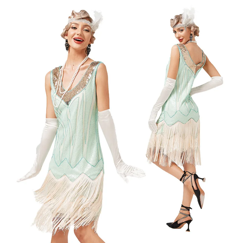 Donne Scollo A V Con Perline Frange Nappe Cocktail Prom Wedding Party Club Swing Dress Great Gatsby 1920S Flapper Dress Size Xs-3Xl