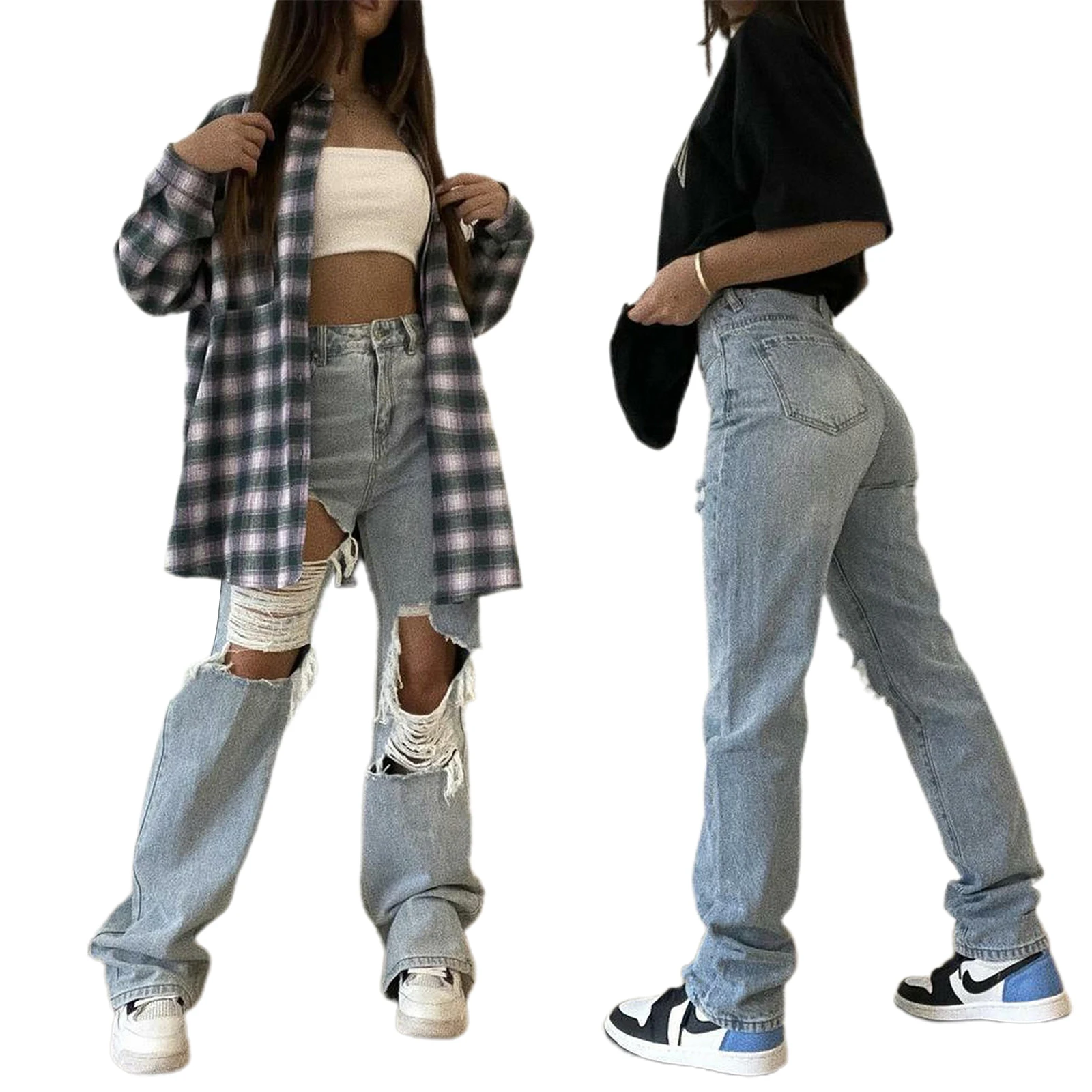 Jeans Strappati Femminili, Pantaloni Svasati A Vita Alta Pantaloni Dritti Per La Primavera Estate Autunno, Azzurro, Xs/S/M/L
