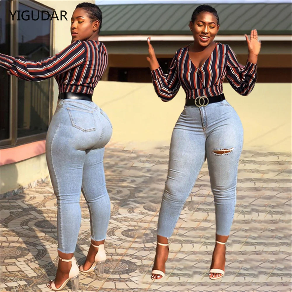 2022 New Fashion Woman Ripped Jeans High Waist Stretch Denim Pencil Pants Street Trendy Slim Jeans Xs-L Drop Shipping