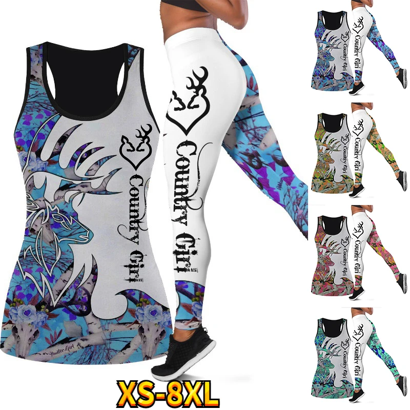 Women'S Fashion Country Girl Deer Hunting Printed Hole Shirt Sleeveless Hollow Out Tank Top And High Waist Legging Suit Xs-8Xl