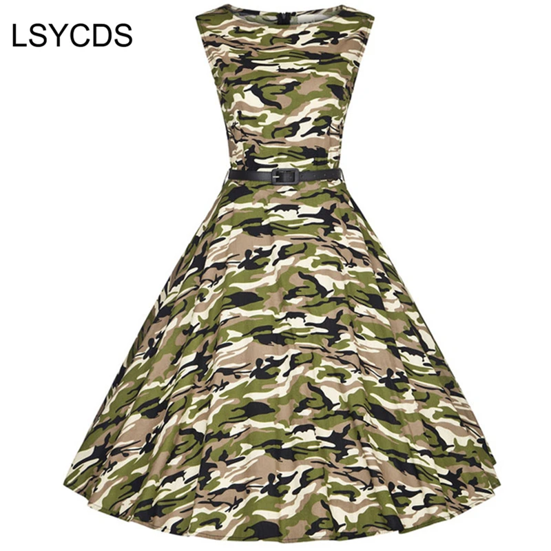 2023 Donne Army Green Dress Estate Audrey Hepburn 50S 60S Vintage Abiti Abiti Rockabilly Camouflage Xs-4Xl