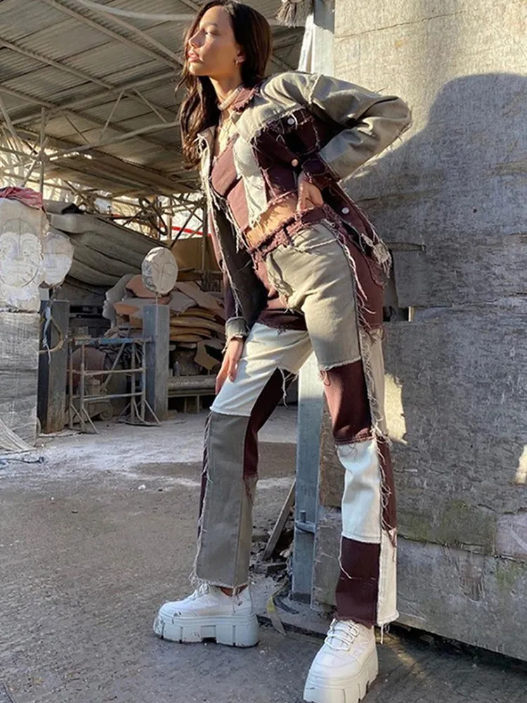 5 Tipo Di Stile Di Blocco Di Colore A Vita Alta Flare Jeans Con Tasche Streetwear Sexy Delle Signore Dei Pantaloni A Campana Gonne E Pantaloni Skinny 