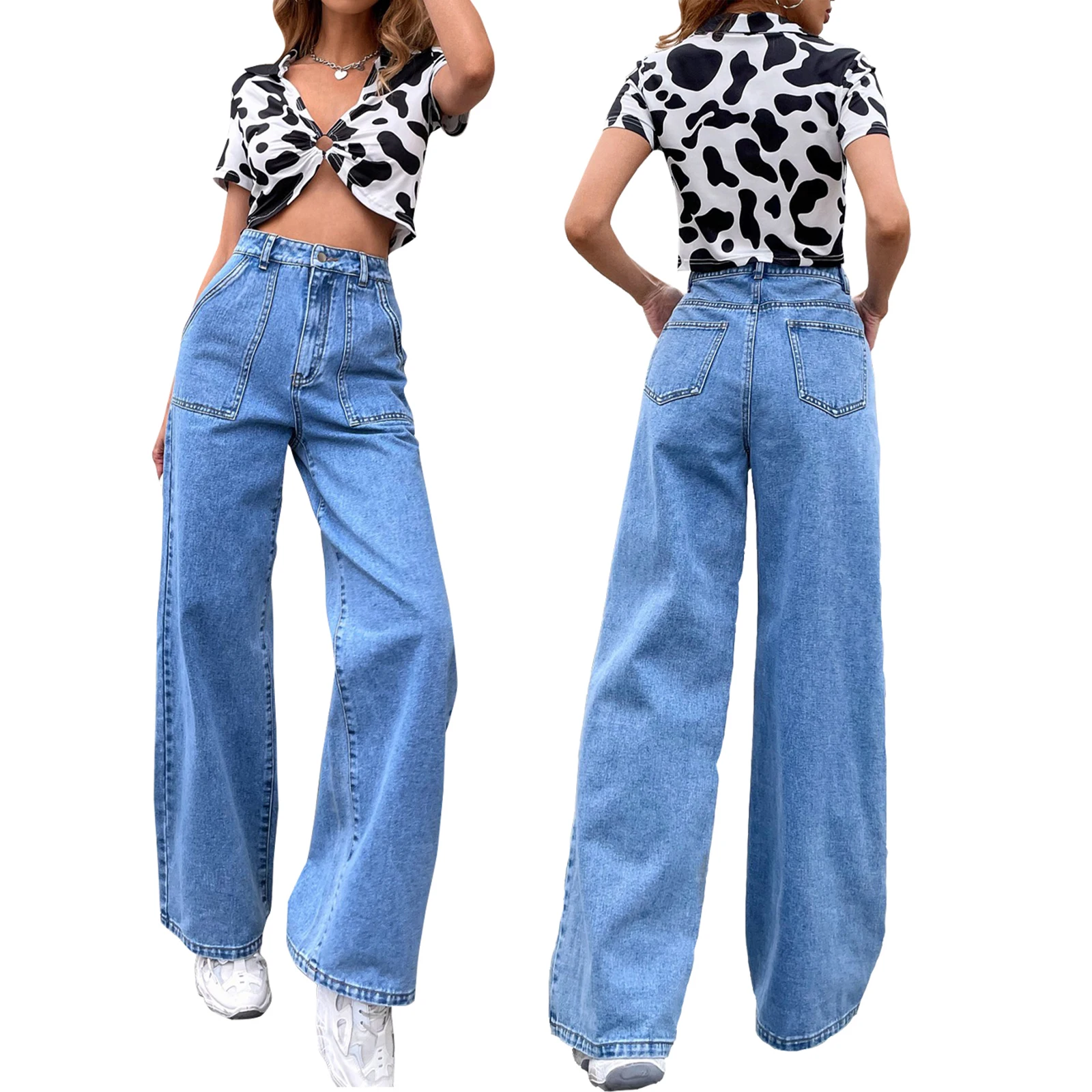 Simpatici Jeans Femminili Pop, Pantaloni A Vita Alta Per Ragazze Tinta Unita Pantaloni A Gamba Dritta Con Tasche Per La Primavera Autunno, Xs/S/M/L