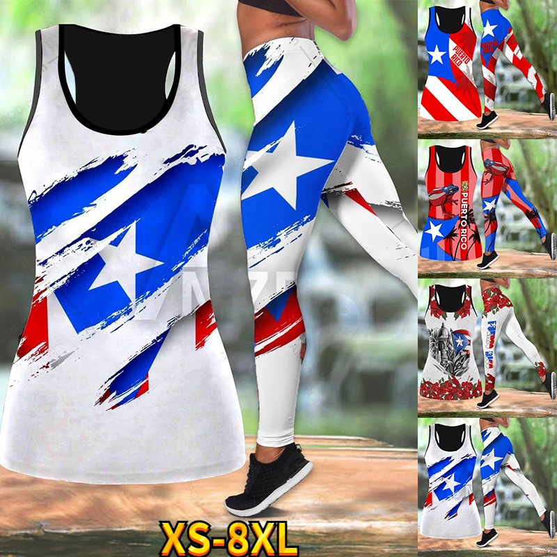 Flag Lover Cool Jogging Vests Suit Set Women Hipsters Hollow Tank Top Leggings Female Sexy Vest Running Trousers Suit Xs-8Xl