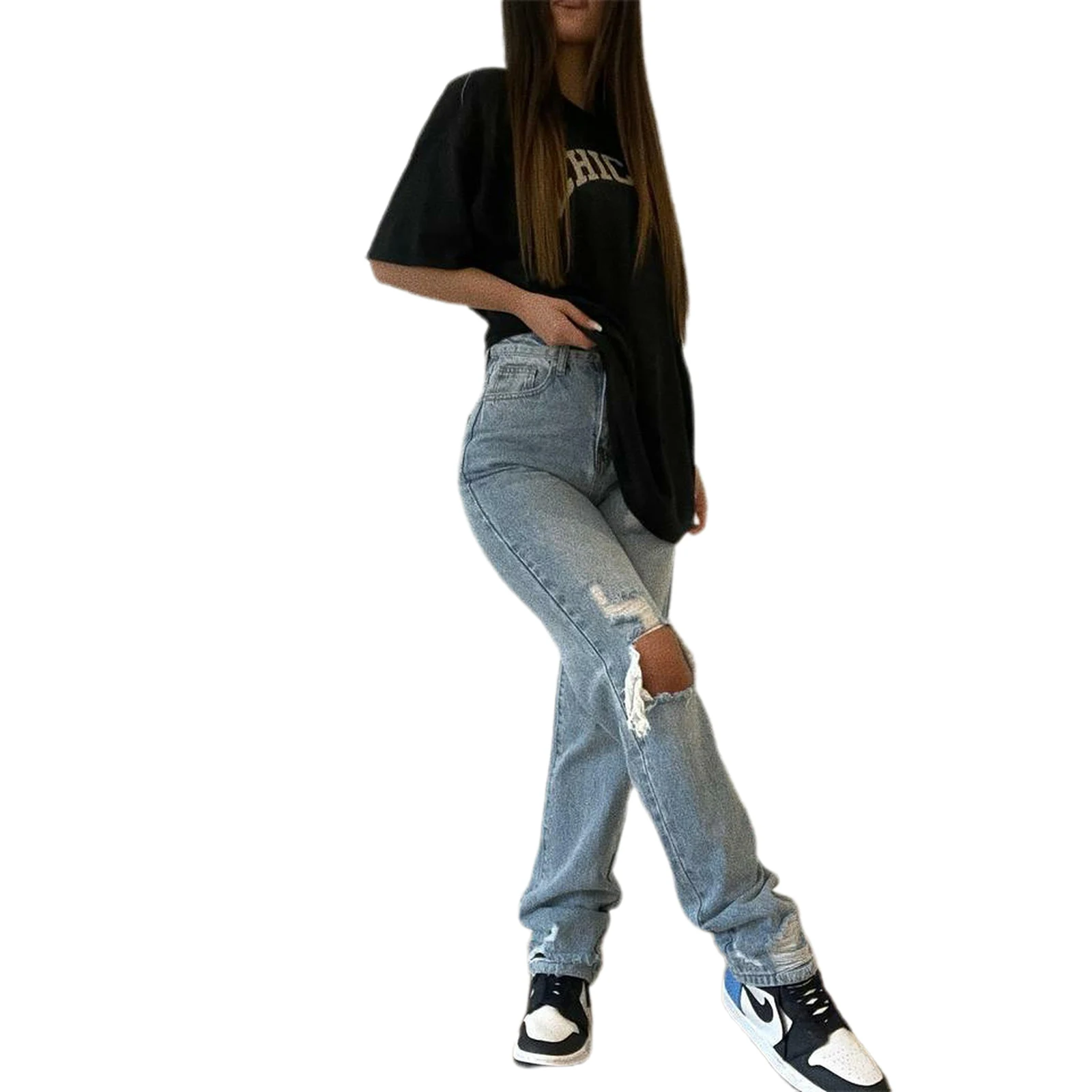 Jeans Strappati Femminili, Pantaloni Svasati A Vita Alta Pantaloni Dritti Per La Primavera Estate Autunno, Azzurro, Xs/S/M/L