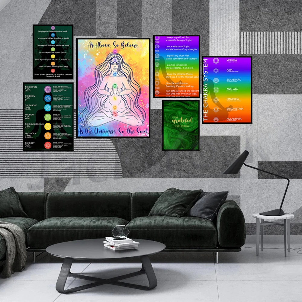 Chakra Affermazione Poster | Spirituelles Dekor | 7 Chakra Wandkunst | Chakra Heilung | Smaragdgrüne Erde Hintergrund Liebesfarbe