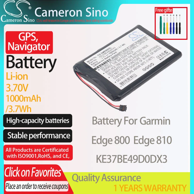 Batteria Cameronsino Per Garmin Edge 800 Edge 810 Per Garmin Gps Gps, Batteria Navigatore 1000Mah 3.70V Li-Ion Nero