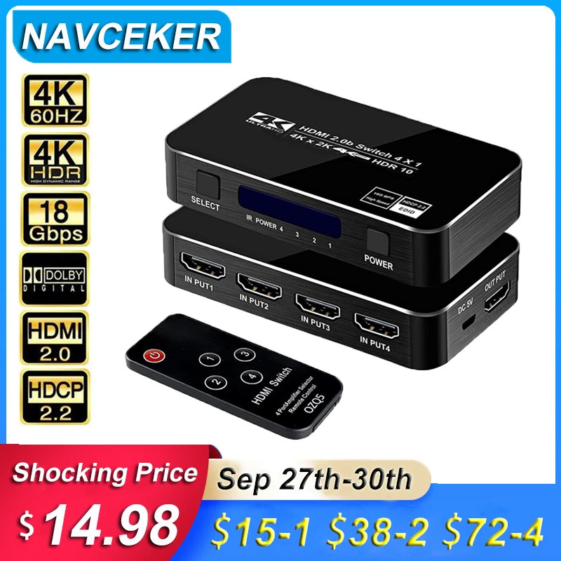2022 4 Porte 18Gbps Hdr 4K Hdmi 2.0 Switch 4X1 Supporto Hdcp 2.2 Hdmi Switch Hub Box Con Ir Mini Hdmi Switch Remote Per Ps4 360