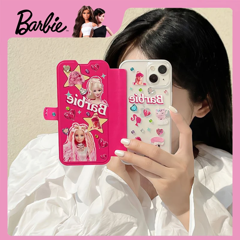 Nuova Custodia Per Telefono Barbie Flip Iphone 13 14 15 Pro Max Custodia Protettiva Anti-Caduta Per Telefono Barbie Girl Kawaii Diamond Accessories