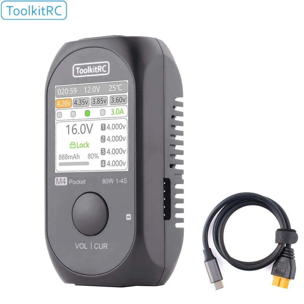Toolkitrc M4 Pocket Dc 80W 5A Xt30 Xt60 Input Usb-C Input/Output Charger Per 1-4S Lipo Battery Quick Charger Function