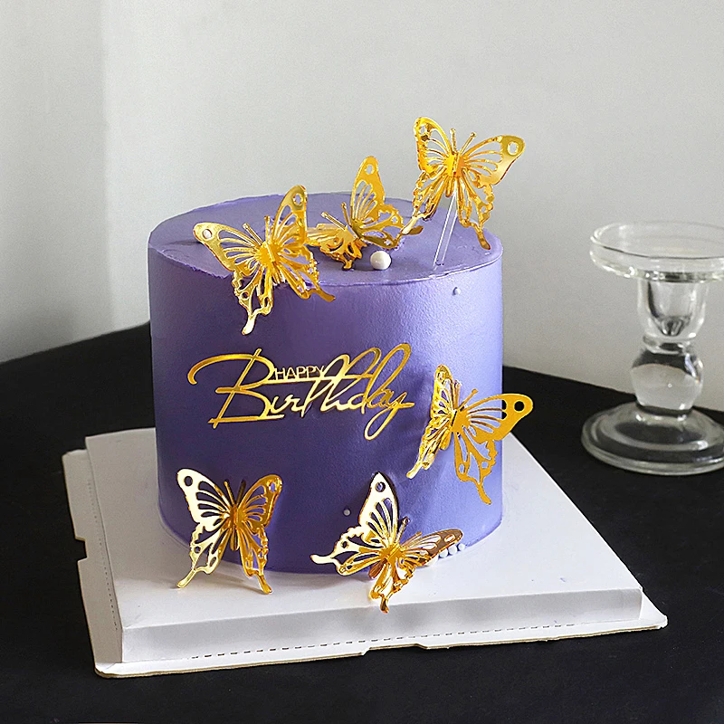 New Gold Hollow Out Butterfly Cake Decoration Happy Birthday Acrilico Princess Girl Wedding Party Decor Cake Topper Baby Shower
