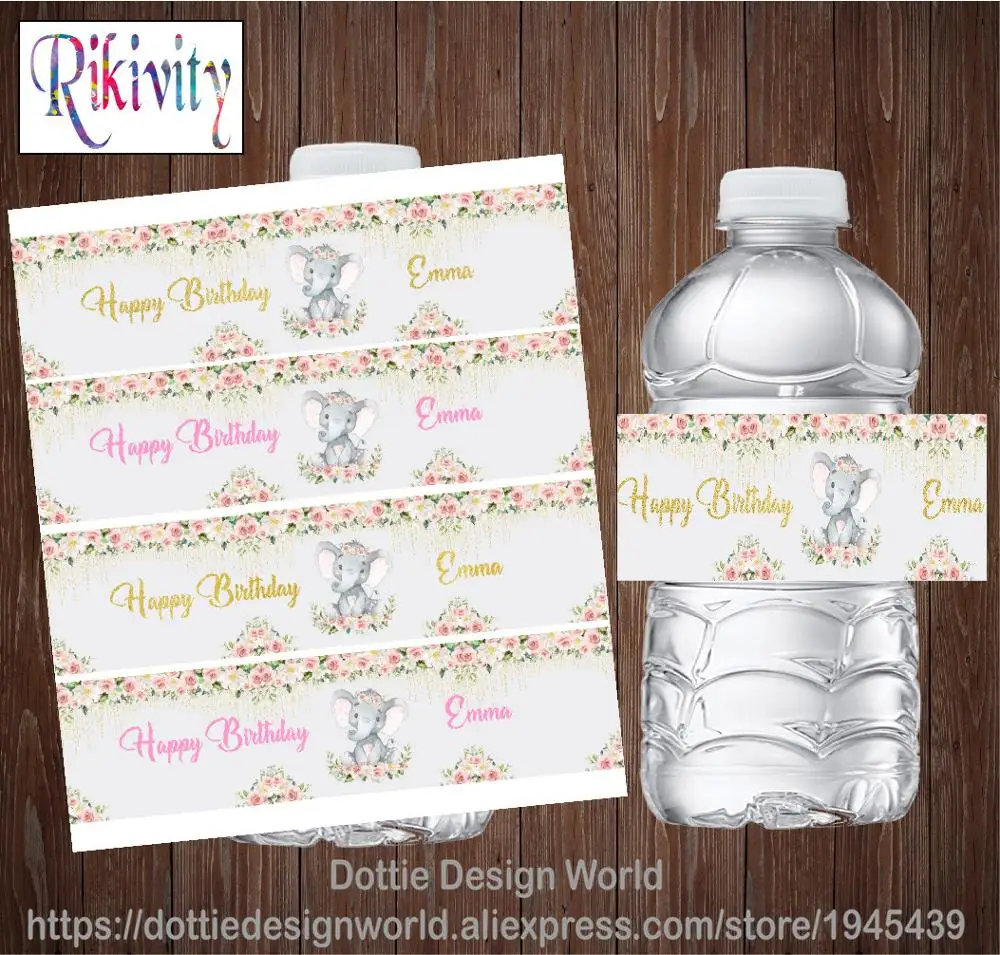 Floral Elephant Princess Birthday Party Bottiglia D'Acqua Etichette Per Vino Adesivi Candy Bar Wraps Baby Shower Bomboniera Decorazione