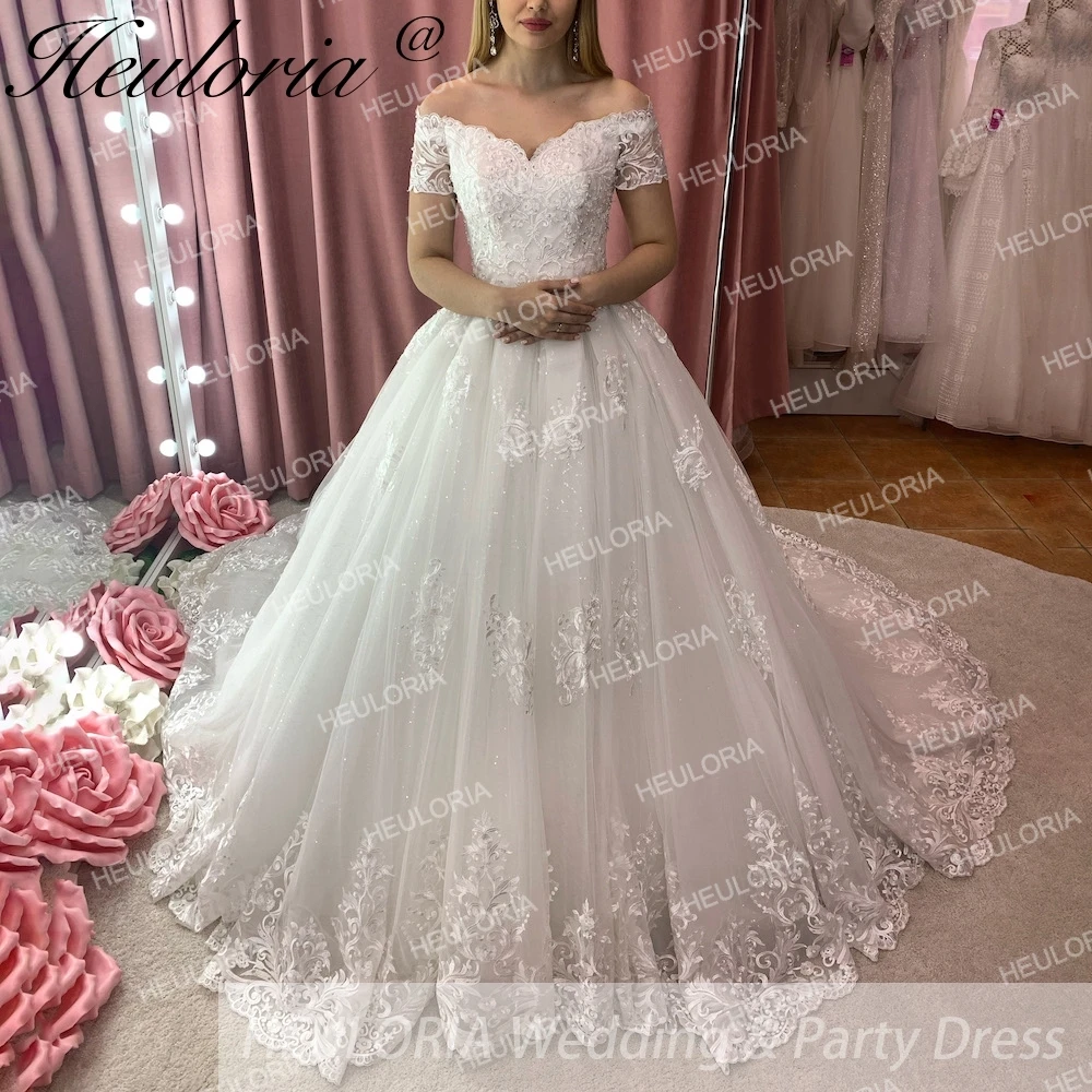 Heuloria Abito Da Sposa Vintage Con Spalle Scoperte Manica Corta Lace Up Princess Bride Dress Robe De Mariee Court Train