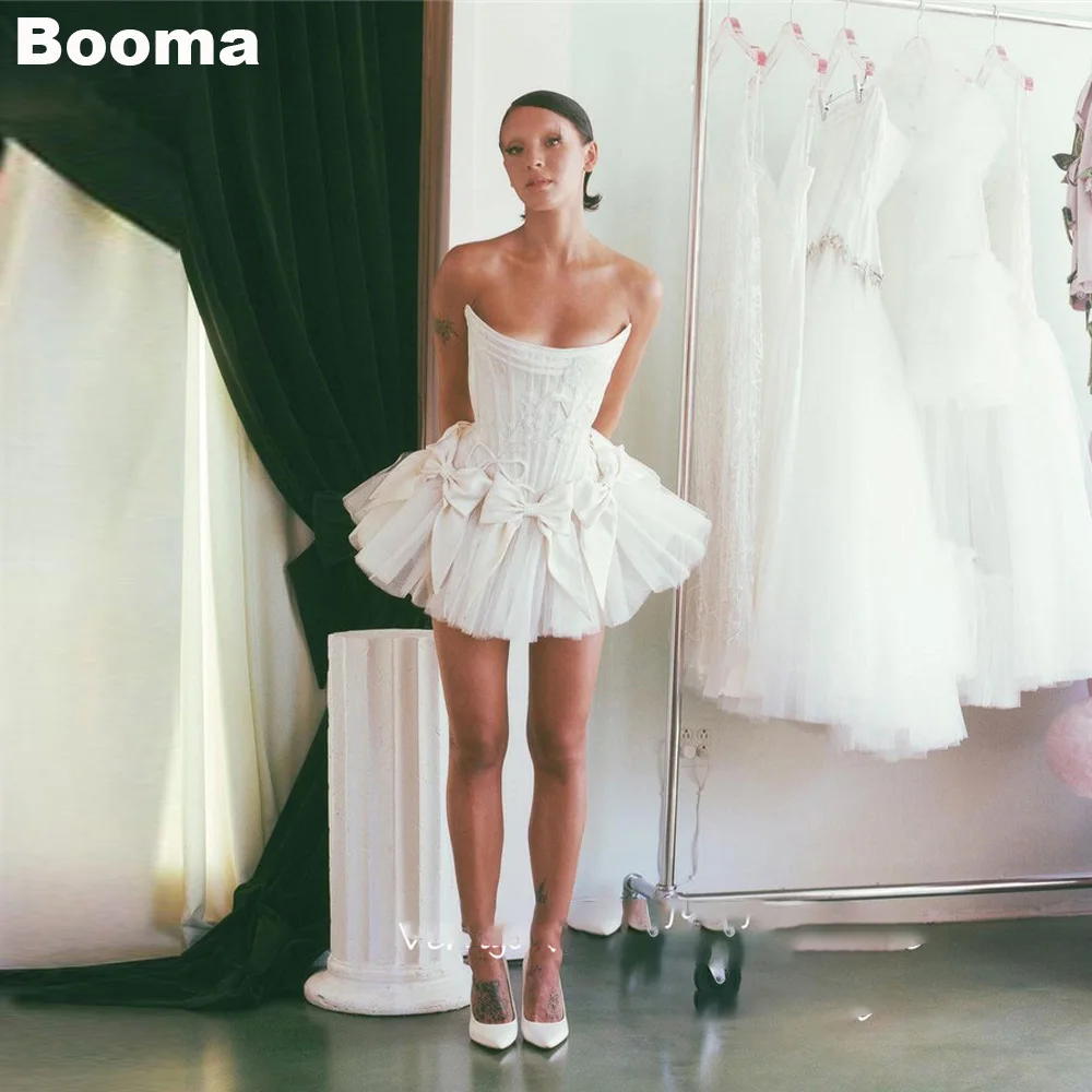Booma Princess Short Wedding Party Dresses Bow Front Corsetto Senza Spalline Aderente Slim Tutu Ball Gown Bride Prom Gowns Dance Girls