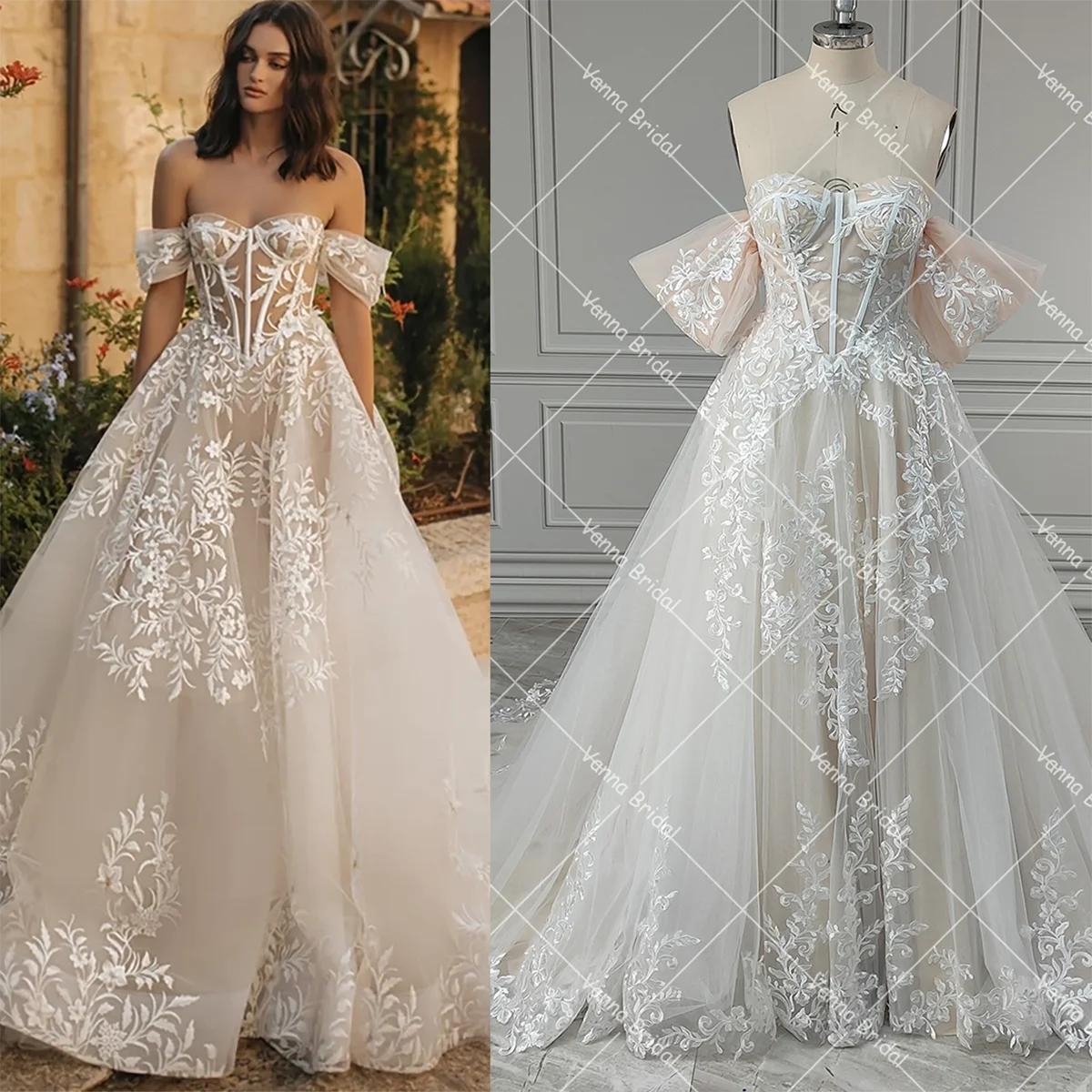 Vite Appliques Floreali Puffy Princess Abito Da Sposa Strutturato Boning Sheer Corsetto Vine Lace Off Shouler Abiti Da Sposa Senza Spalline