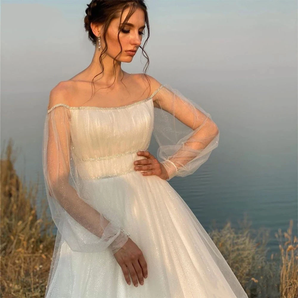 Tulle A-Line Dreamy Princess Abiti Da Sposa Robe De Mariée 2024 Manica Lunga Lanterna Sheer O-Collo Abiti Da Sposa Vestidos De Novia