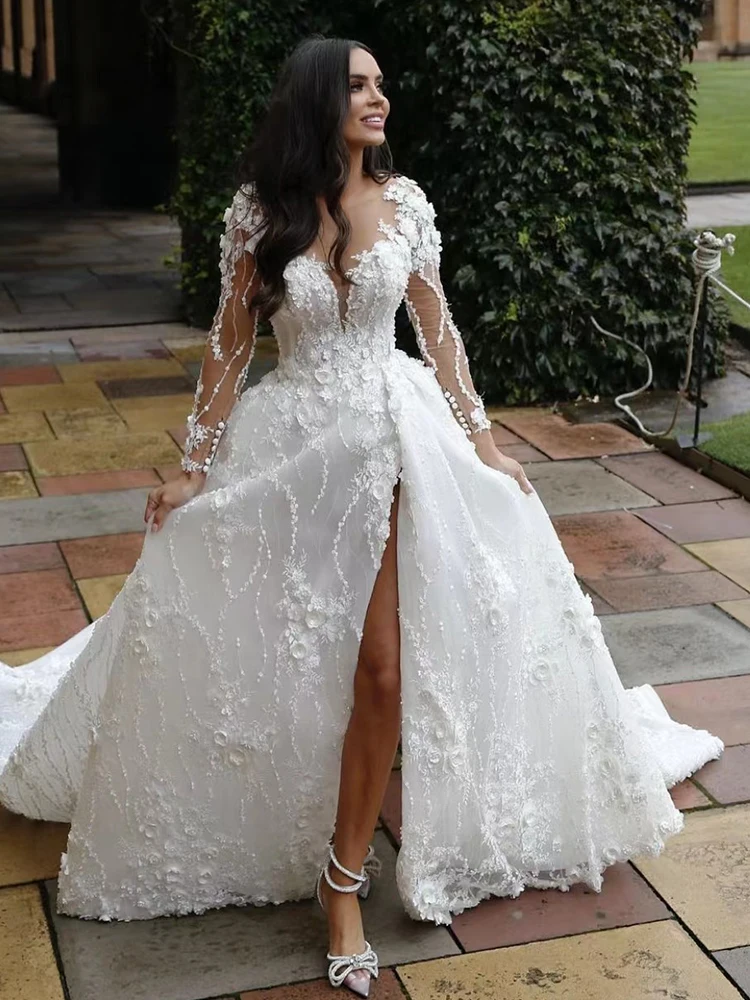 Brillante Brautkleid Organza Con 30D Chiffon Principessa Ball Gown O-Collo Manica Intera Eleganti Abiti Da Sposa Robes De Mariee Custom