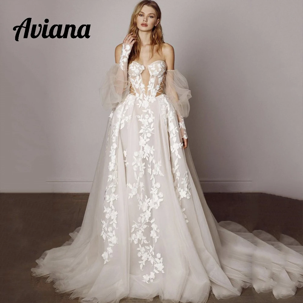 Aviana Illusion Princess Wedding Dress Sexy Hollow Out Deep V-Neck Corsetto Top Brides Gown Appliques Sweep Muslimah
