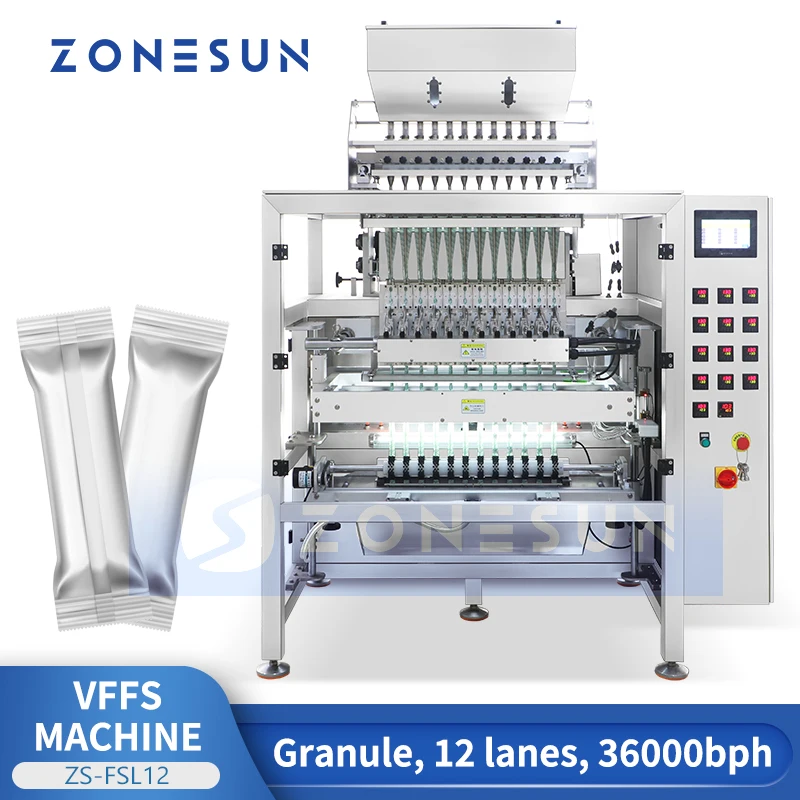 Zonesun Automatic Vffs Granule Packaging Machine Vertical Form Fill Seal Bagger Stick Sachet Pouch Equipment 12 Corsie Zs-Fsl12