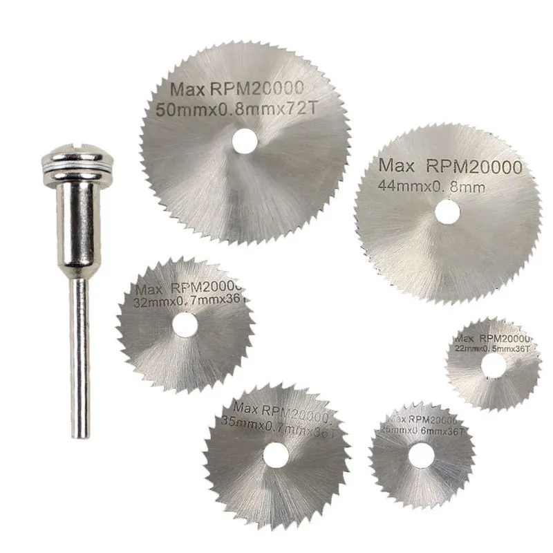 7Pcs Hss Rotary Tool 22 /25 /32 /35 /44 /50Mm Circular Saw Blades Cutting Wheel Discs Mandrel For Dremel Cut Off