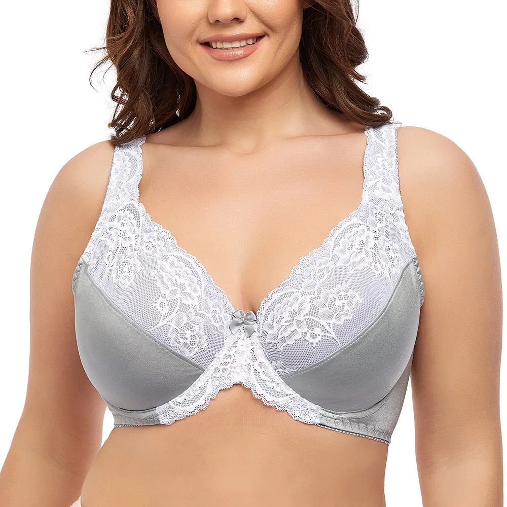 Reggiseno Taglie Forti Donna Pizzo Sexy Grigio Minimizzatore Ultrasottile Bralette Con Ferretto Plus Size Lingerie C D Dd E F G H I Cup