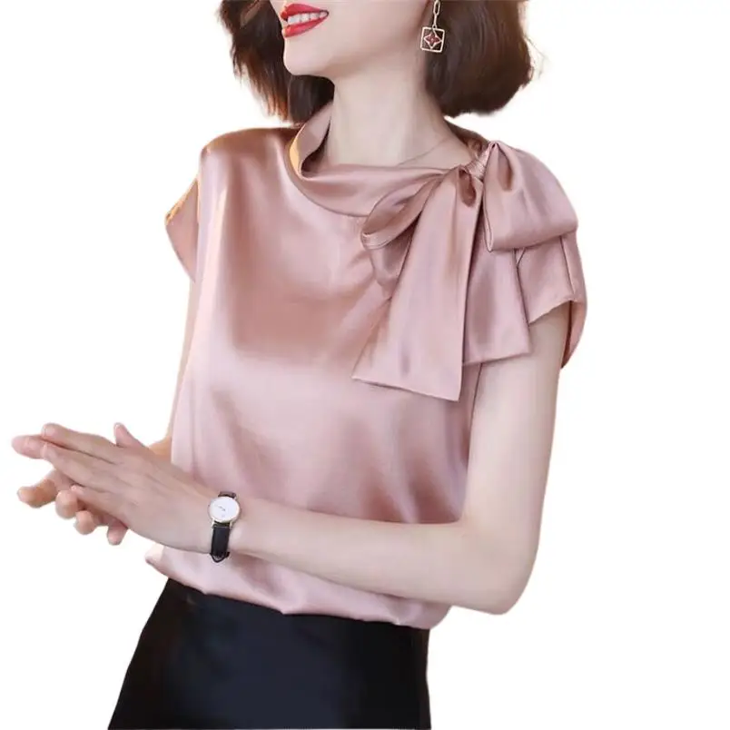 Camicie Da Donna In Seta Di Nuovo Design Lady Satin Elegant Bow Top Donna Rosa Nero Bianco Tees Basic Summer High Street Top