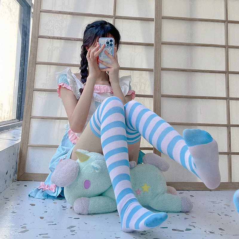 Calze A Righe Rosa Blu Nere Calze Autoreggenti In Velluto 80D Calze Autoreggenti Donna Sexy Cosplay Lingerie Carino Lolita Schoolgirls Calze