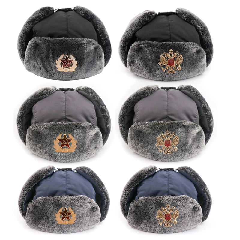Cappello Da Cacciatore Russo Con Distintivo Sovietica Faux Furs Ushanka Flaps Hat Winter Russian Trapper Hat Cap Winter Oudoor Use H9