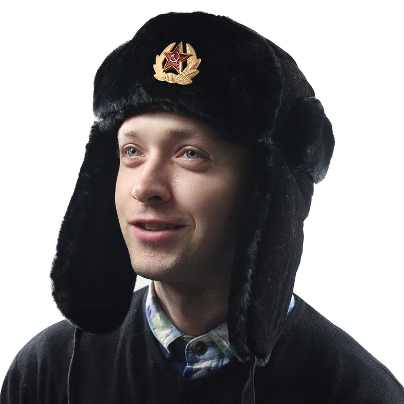 Distintivo Militare Dell'Esercito Sovietica Russia Ushanka Bomber Hats Pilot Trapper Trooper Hat Winter Faux Rabbit Fur Earflap Men Snow Caps