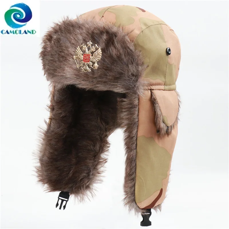 Camoland Winter Warm Bomber Hat Donna Uomo Esercito Militare Distintivo Sovietico Russia Ushanka Cap Outdoor Faux Fur Earflap Caps