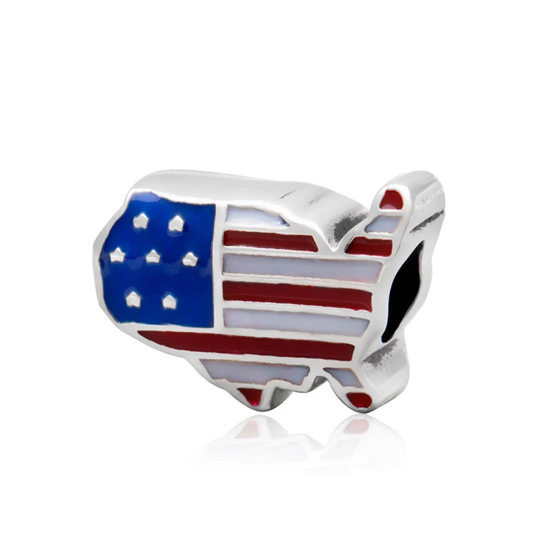 Fit Originale Pandora Blu Rosso Smalto Bandiera Americana Contorno Charms Braccialetto Usa Mappa Contorno Perline Gioielli Fai Da Te Per Accessorio Do