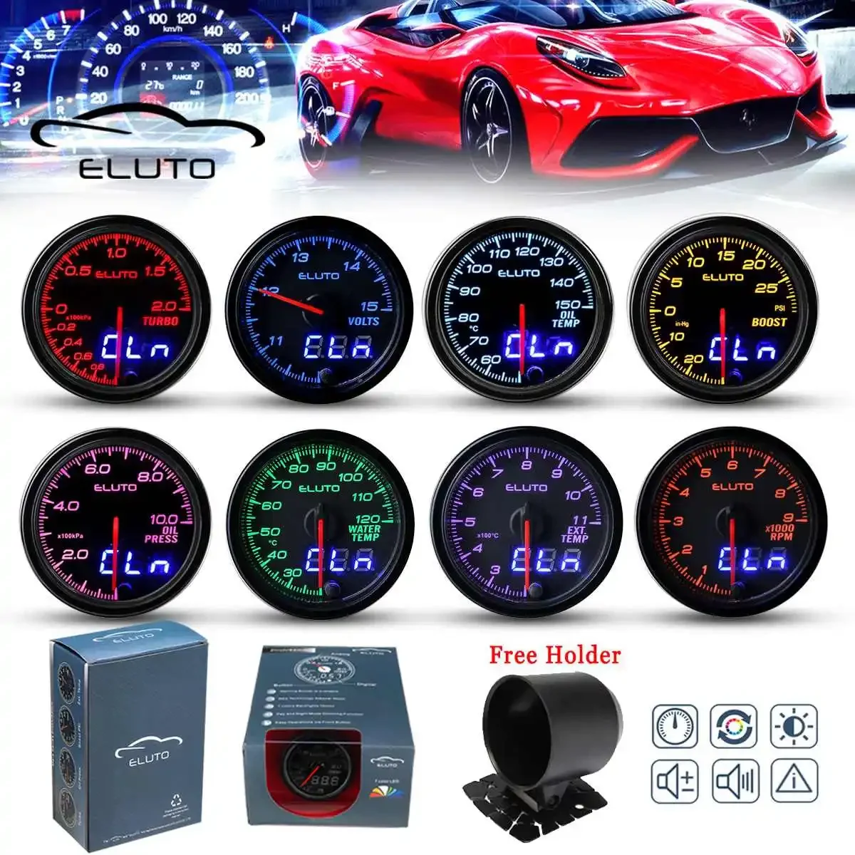 2 "52Mm 12V Auto Turbo Boost Psi Bar Acqua Olio Temperatura Pressione Tach Volt Egt Gauge 10 Colori Led Doppio Display Puntatore Orologio Digitale