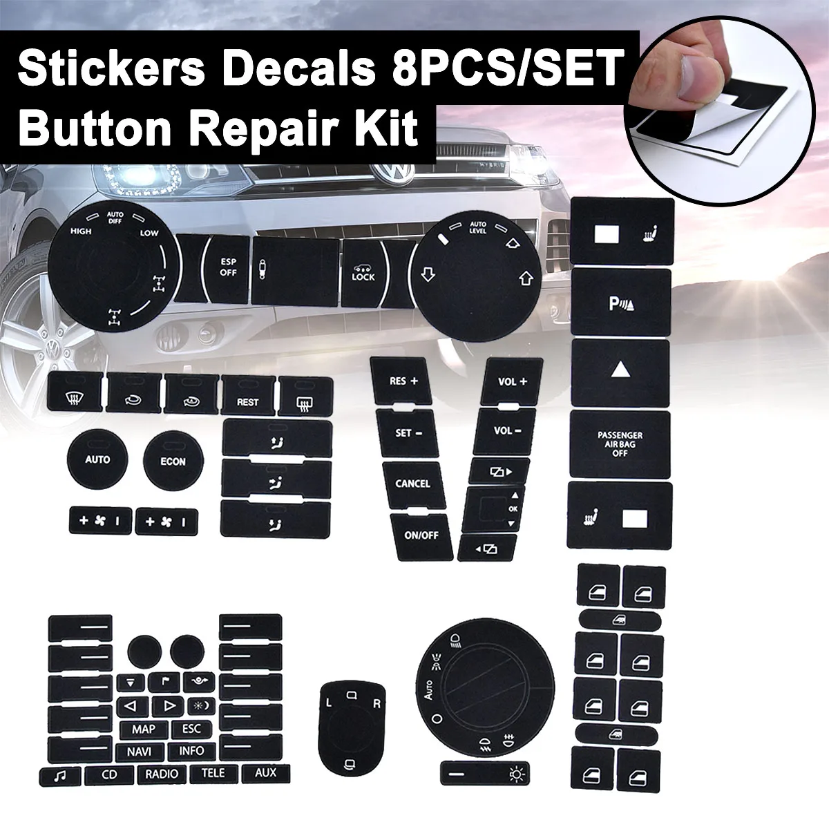 8Pcs Auto Volante Finestre Faro Clima Interruttore Indossati Pulsante Di Riparazione Auto Adesivi Decalcomanie Di Ricambio Per Volkswagen