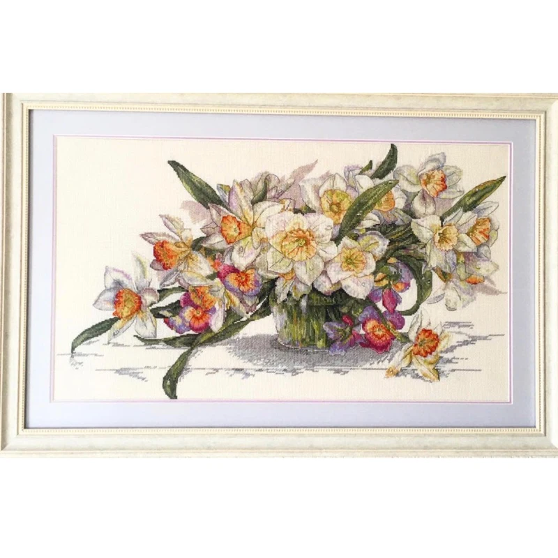 Collezione Oro Contata Kit Punto Croce Bouquet Narciso Fiore Narciso Vaso Fiori Merejka K-14 14Ct Metallico Aida