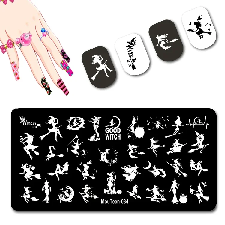 Broom Witch Stamping Piatti Besom Lady Nail Art Stamper Triangolo Cappello Flying Women Transfer Stampa Per Nail Art Design #034