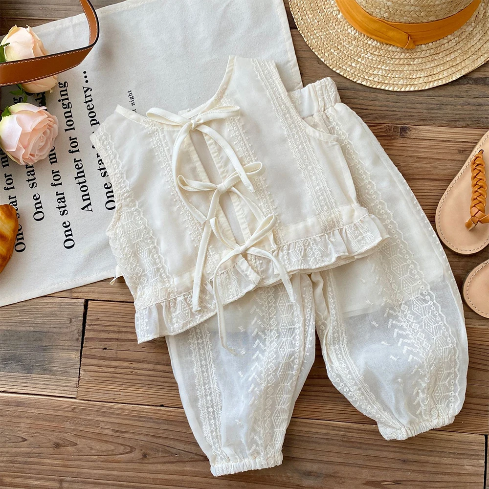 Melario Girls Summer Set Di Abbigliamento Coreano Casual Hollow Lace T-Shirt + Pantaloni 2 Pezzi Suit Strap Cardigan Vest Girls Clothes Outfits