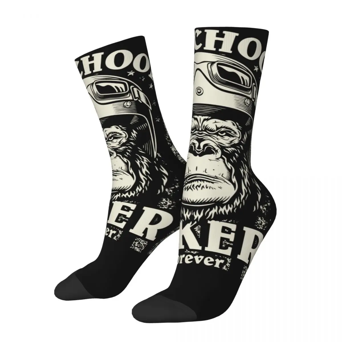Cool Old School Biker Forever I Moto Bike Gorilla Football Socks Vintage Racing Crew Socks For Unisex Sweat Absorbing