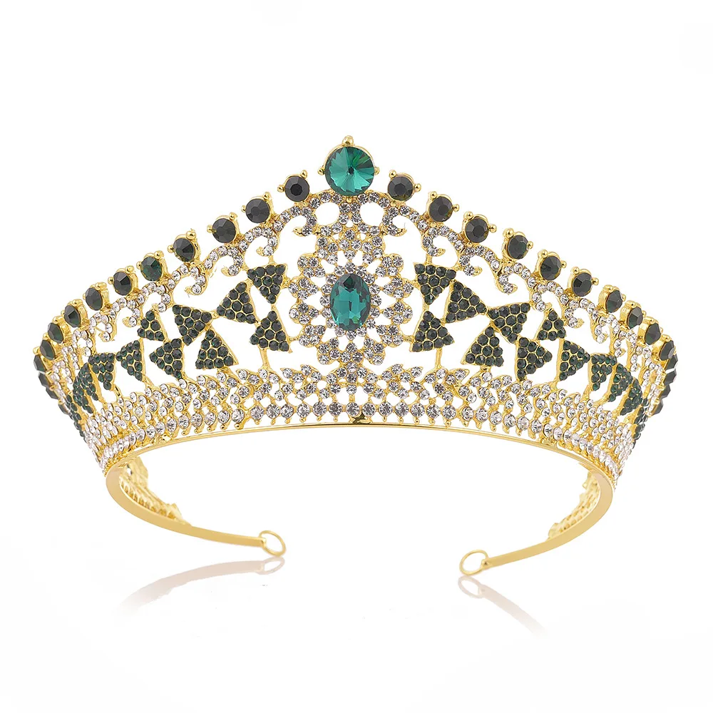 Royal Green Gemstones Bridal Wedding Crown Tiara Exquisite Geometric Enamel Green Diamond Bridal Pageant Crown For Bride