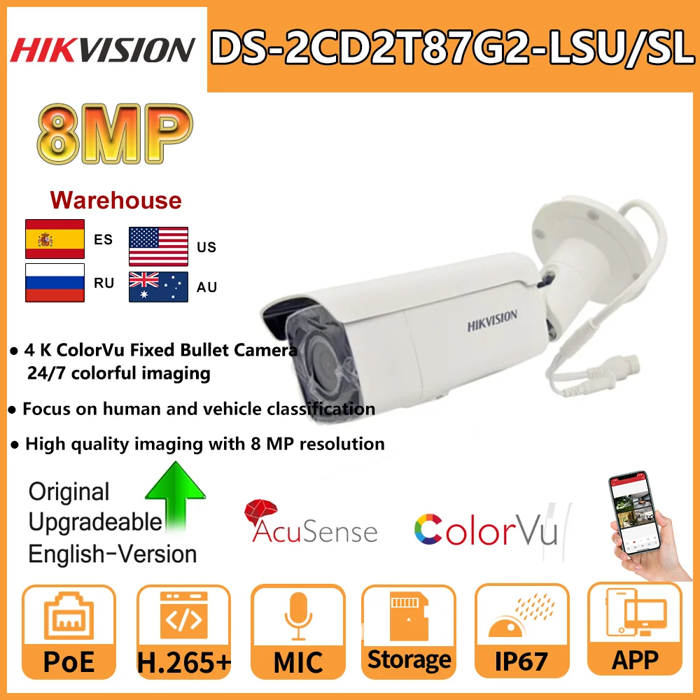Hikvision 8Mp Colorvu Luce Stroboscopica E Avviso Acustico Telecamera Ip Bullet Ds-2Cd2T87G2-Lsu/Sl 4K Poe Acusense Altoparlante Microfono Integrato