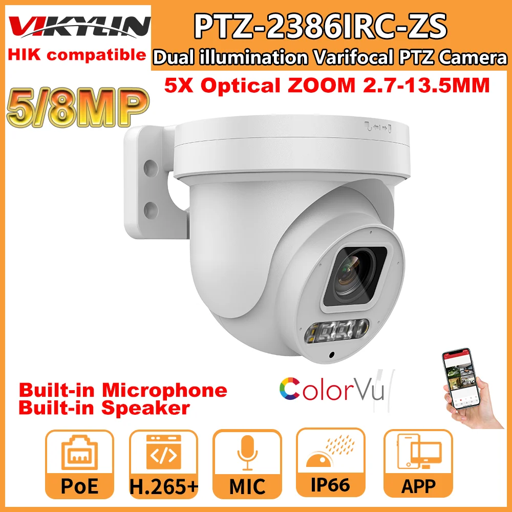 Telecamera Ptz 8Mp Compatibile Hikvision 4K 5X Zoom Ottico Poe Smart Dual Light Colorvu Ir Altoparlante Microfono Integrato Videosorveglianza