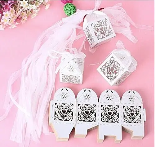Confezione Da 50 Bomboniere Bomboniere Bomboniere Bomboniere Con Taglio Laser A Cuore Fiore Bianco Con Nastri Bomboniere Per Addio Al Nubilato