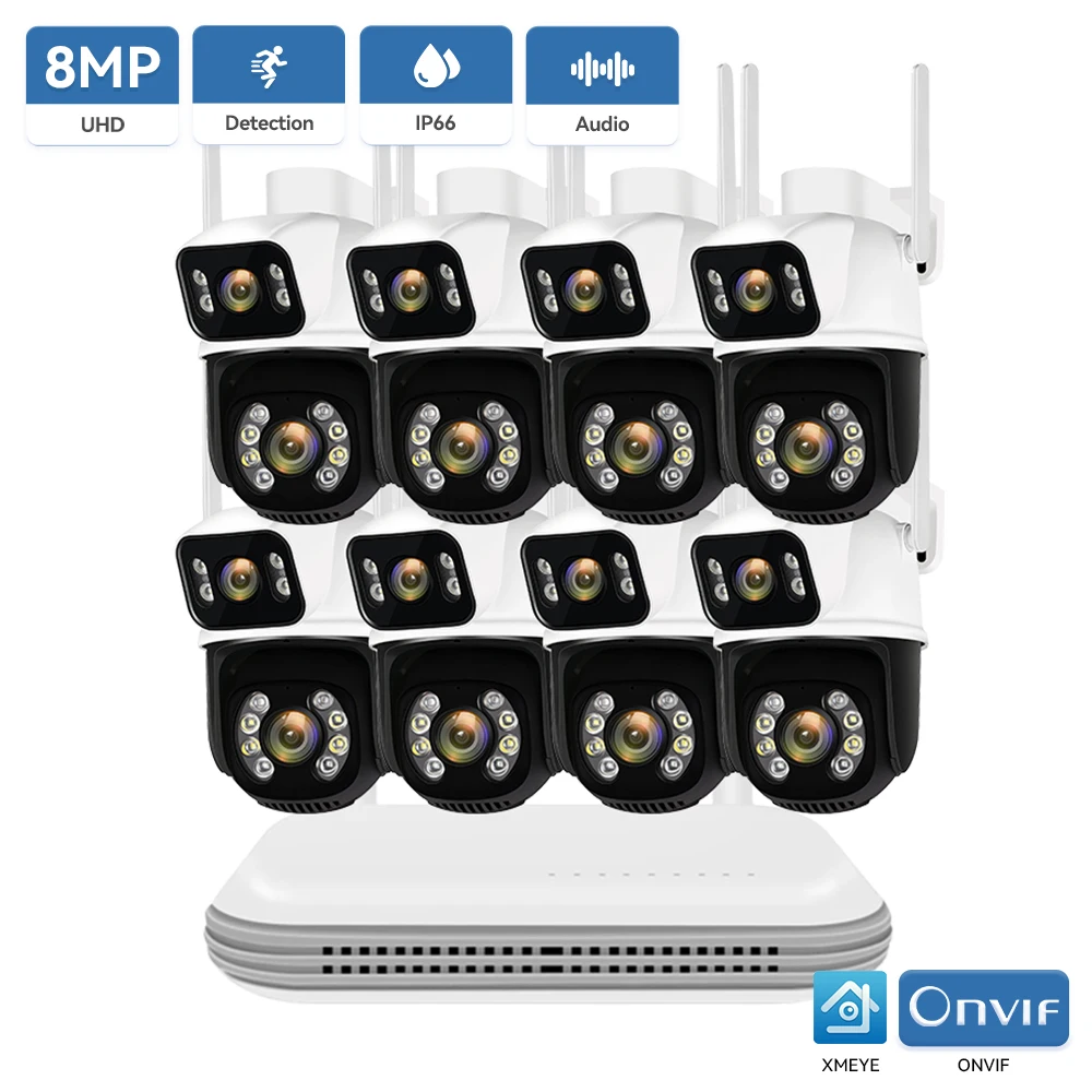8Mp Ptz Wifi Camera Kit Dual Lens Ptz Ip Camera Smart Home Night Vision Icsee App Nvr Outdoor 8Ch Wireless Cctv Camera System
