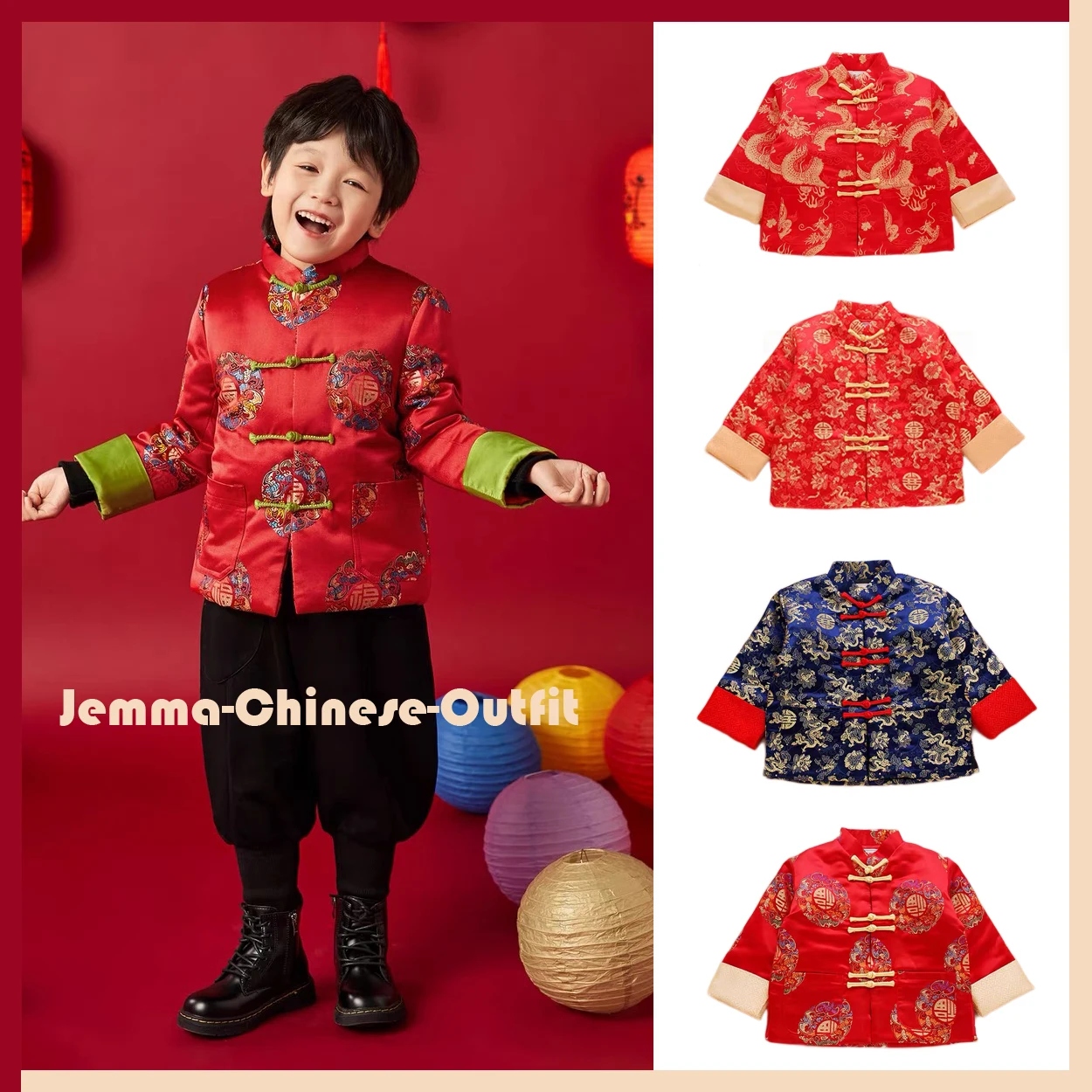 2024New Red Chinese Tang Suit Jacket For Boys Kids Prince Abito Tradizionale Cinese Capodanno Outfit Dragon Print Coat Winter