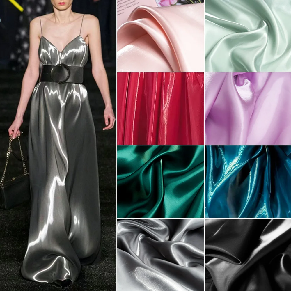 Tessuti Glitter Liquid Water-Satin Crystal Silicon Stitch Reflective Wide Weaving Dress Designer Tessuto Da Cucito Per Metro Bianco