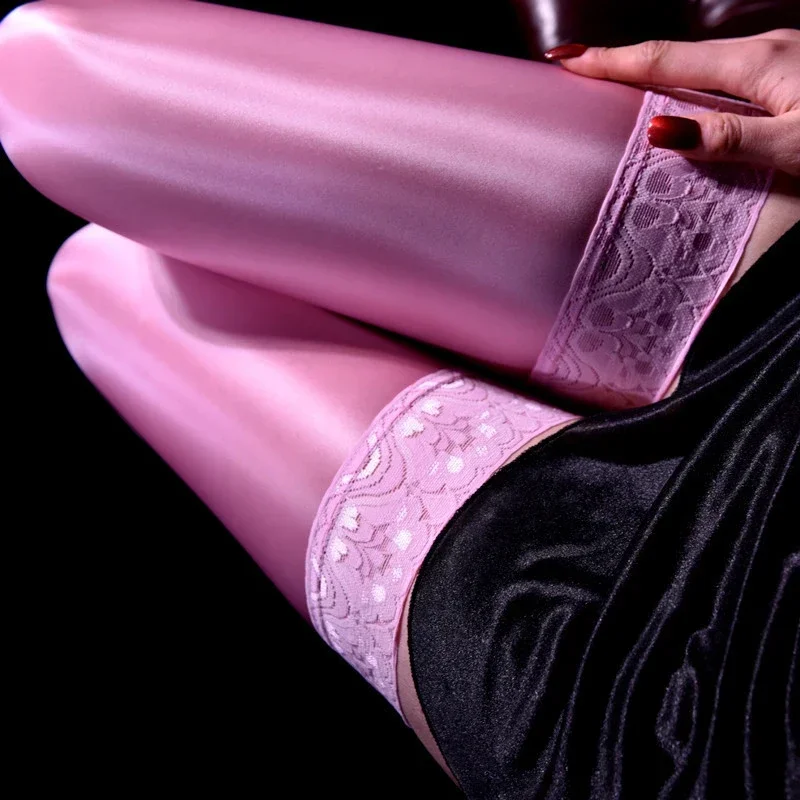 80D Colorful Hold Lace Clubwear Vintage Women Top Up Calze Sexy Dance Silky Shiny Coscia Calze Silicone Pole Oil High