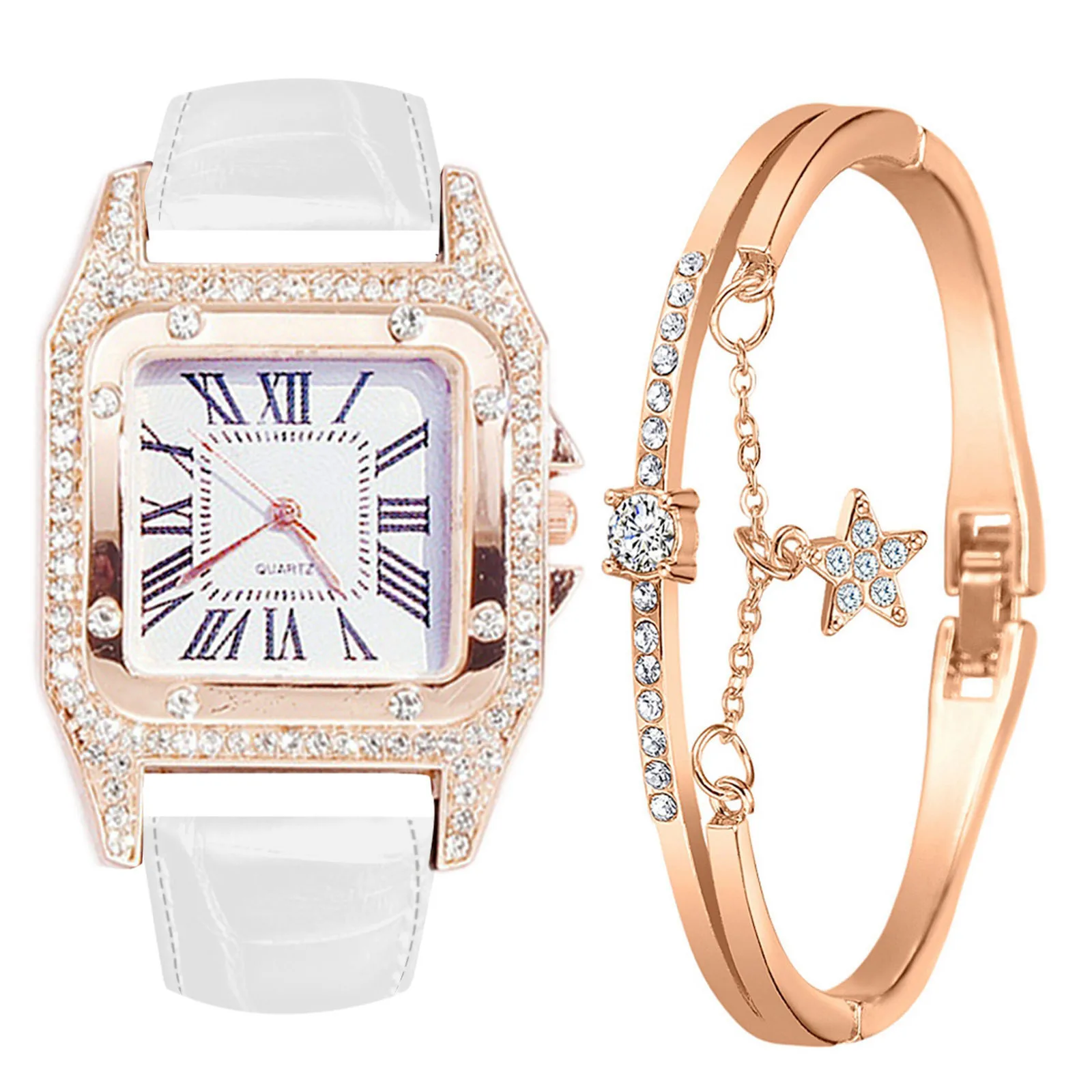 Cinturino Da Donna, Quadrante Quadrato, Bracciale Con Diamanti E Stelle Set Di Orologi Al Quarzo Montre Femme Luxe De Marque Montre Femme Acier Inoxyd