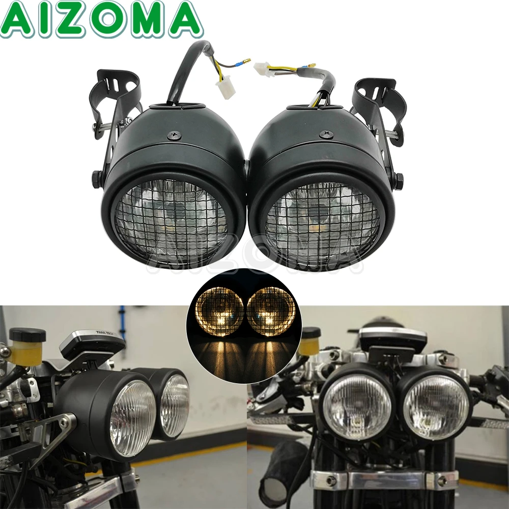 Moto Dominator Tracker Street Bike Nero Dual Twin H4 Faro Rotondo Faro Universale Per Harley Softail Dyna Sportster