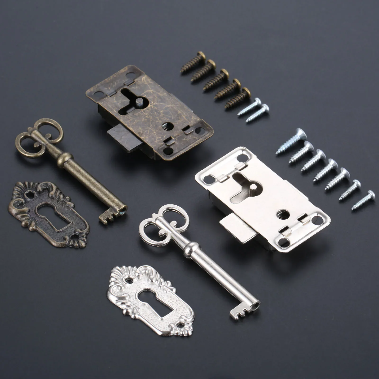 1Set Cassetto Ferro Serratura + Chiave Portagioie Armadio Armadio Porta Lucchetto Chiusura Decorazione Vintage Argento/Bronzo Antico Con Viti
