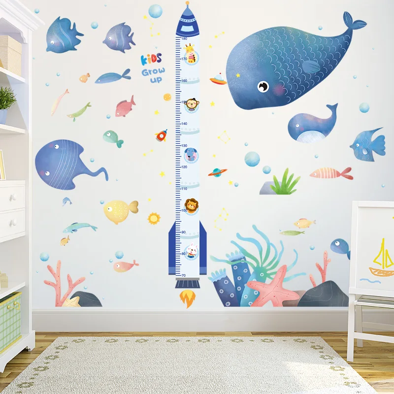 Cartoon Rocket Height Measure Wall Stickers Diy Fish Animals Mural Decals For Kids Rooms Baby Bedroom Nursery Home Decoration