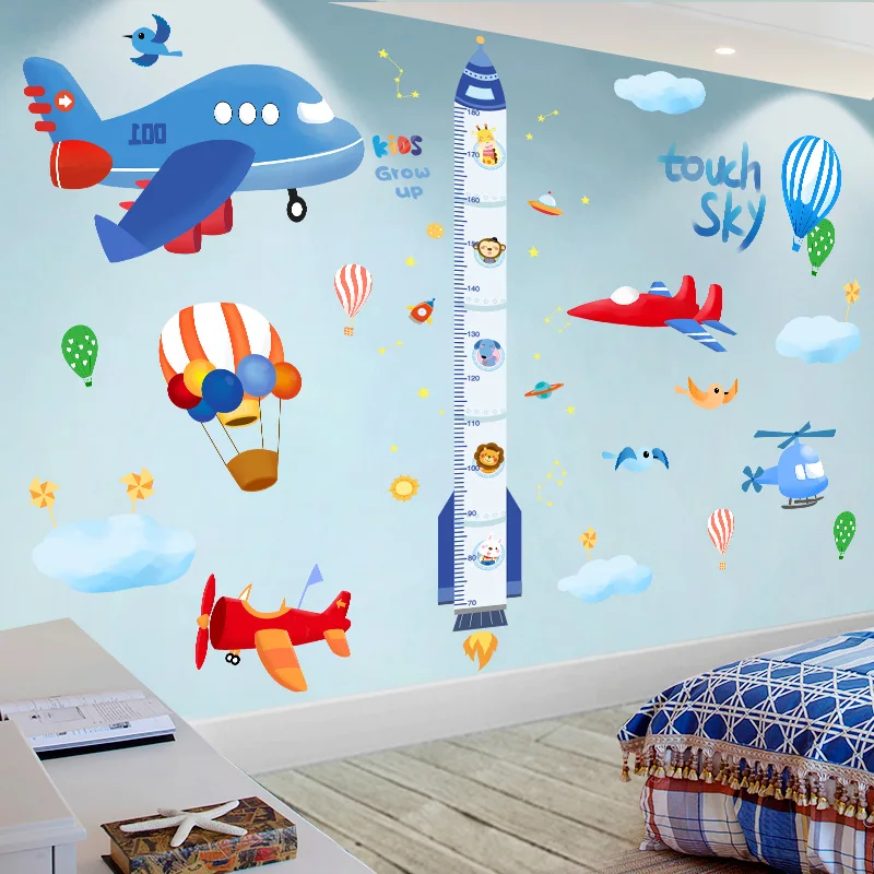 Cartoon Rocket Height Measure Wall Stickers Diy Airplane Mural Decals For Kids Rooms Baby Bedroom Nursery Home Decoration